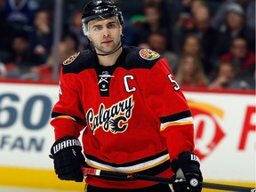 Mark Giordano #5 of the Calgary Flames skates against the Vancouver Canucks at Scotiabank Saddledome on February 14, 2015 in Calgary.