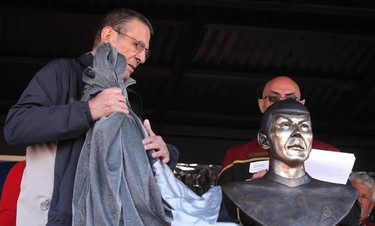 Leonard Nimoy,  uncovered a brass bust of Spock as he made an appearance in Vulcan, Alberta on April 23, 2010.