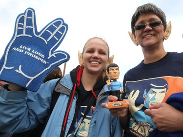Calgary's Leagh Vermeylen, left, and her mom Leao Vermeylen stocked up on Spock and Vulcan souvenirs as they waited for actor Leonard Nimoy to make an appearance in Vulcan, AB. on April 23, 2010.