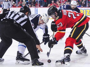 Sean Monahan of the Calgary Flames faces off against Winnipeg's Mark Scheifele in NHL action on Monday. Night-in, night-out, Monahan is going against the best players in the NHL.