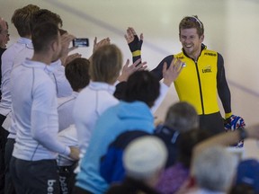 Dutch speed skater Douwe de Vries breaks the world record for longest speed skate in an hour at the Olympic Oval in Calgary, on March 13, 2015. De Vries skated 42.252 km's in one hour, breaking the previous record of 41.9 km.
