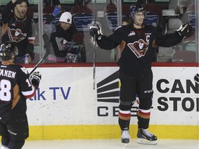 Kenton Helgesen, seen celebrating a goal against Swift Current earlier this season, scored a clutch goal to lead his squad to a 2-1 win over the mighty Kelowna Rockets on Saturday night.