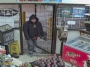 Calgary Police are looking for this man in connection with the knifepoint robbery of  Tucker’s Food Mart, 4004 26 Street S.E..