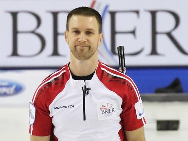 Newfoundland and Labrador skip Brad Gushue shows his disappointment in a shot during the final end in the 2015 Tim Horton's Brier semi-final game at the Scotiabank Saddledome on Saturday evening March 7, 2015. Team Canada defeated Gushue's team 8-6.