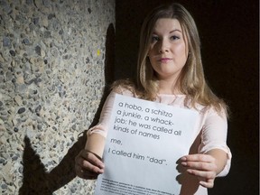 Kala Ortwein, a 26-year-old master of arts student at the University of Calgary, grew up having a homeless father, and holds a poster of her sentiment towards that on March 20, 2015. Ortwein is working on a research study which examines the experiences of daughters of homeless men.
