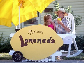 Madison Yaworski-Boucher, and her grandfather Robin Webster at the Marda Loop lemonade stand the two built. They're the perfect example of the attitude Albertans need to take during the current downturn.