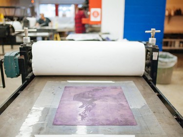 Sally Mayne in the middle of her printing process.