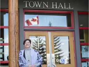 Banff Mayor Karen Sorensen stands outside Banff Town Hall in February 2015.