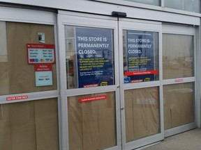 WIndows at the Future Shop on Barlow Trail in Calgary were covered with brown paper Saturday morning.