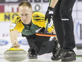 Northern Ontario skip Brad Jacobs releases a stone during a match against Jamie Koe's Northwest Territories rink at the 2015 Tim Hortons Brier afternoon draw on Monday. Jacobs improved to 4-0 with a 9-4 win.