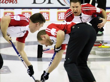 Newfoundland and Labrador skip Brad Gushue yells during the 2015 Tim Horton's Brier semi-final game at the Scotiabank Saddledome on Saturday evening March 7, 2015.