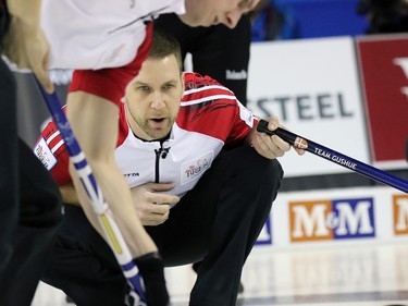 Newfoundland and Labrador skip Brad Gushue watches this shot during the 2015 Tim Horton's Brier semi-final game at the Scotiabank Saddledome on Saturday evening March 7, 2015.