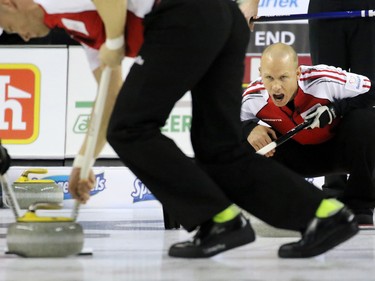 Team Canada's skip Pat Simmons shouts instructions during the 2015 Tim Horton's Brier semi-final game at the Scotiabank Saddledome on Saturday evening March 7, 2015.