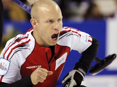 Team Canada's skip Pat Simmons shouts instructions during the 2015 Tim Horton's Brier semi-final game at the Scotiabank Saddledome on Saturday evening March 7, 2015.