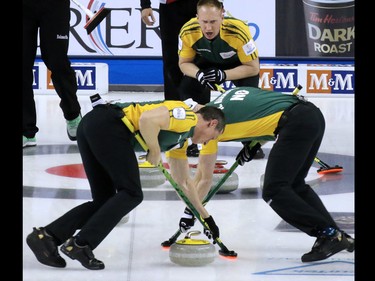 Northern Ontario skip Brad Jacobs yells out instructions during the fifth end of the gold medal final of the 2015 Tim Hortons Brier on Sunday March 8, 2015.