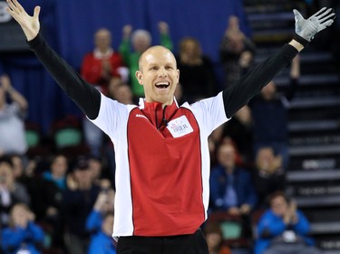 Team Canada's skip Pat Simmons celebrates winning the gold medal final of the 2015 Tim Hortons Brier on Sunday March 8, 2015. Team Canada downed Brad Jacobs' Northern Ontario team 6-5 in an extra end.