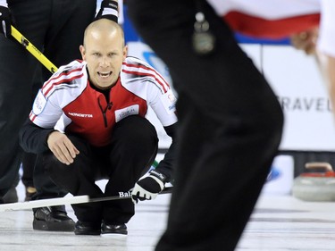 Team Canada skip Pat Simmons yells to his sweepers during the gold medal final of the 2015 Tim Hortons Brier on Sunday March 8, 2015.
