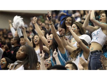 Bishop McNally Timberwolves fans let loose during the dying minutes of their victory over the Sir Winston Churchill Bulldogs, and the City High School Division One Basketball Championship, Saturday night  March 14, 2015 at the University of Calgary.