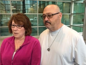 Kim Godin-Lubrano and husband Anthony Lubrano outside Calgary court Friday March 20, 2016, after Kyle Victor Ledesma convicted of second-Degree murder in shooting death of bartender Dexter Bain during a botched robbery.