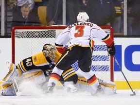 Playing in his debut with the Flames after being plucked off the waiver wire from Dallas, David Schlemko played the hero on Thursday, beating Boston Bruins goalie Tuukka Rask in the eighth round of the shootout to give Calgary a 4-3 win.