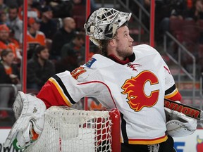 Calgary Flames goalie Karri Ramo looks on against the Philadelphia Flyers on Tuesday. He stole the show as he has done many times this season on the road.
