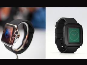 Apple Watch (right) is about luxury, tracking health and new ways to communicate, while the Pebble Time brings cross-platform functionality, affordability and 7-day battery life.