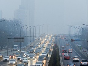 Traffic amid heavy smog during March in Beijing. China is falling short of its people's expectations in battling smog, Premier Li Keqiang said on March 15, one week after authorities blocked a scathing documentary on the country's air pollution problem.