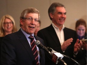 Christina Ryan/ Calgary Herald 
Former police chief Rick Hanson is introduced by Premier Jim  Prentice as the PC candidate for Calgary-Cross, on March 14, 2015.