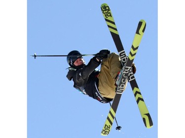 Tanner Gordon flies over the final jump and a first place finish in the Canada Cup slopestyle event at Canada Olympic Park on Sunday March 8, 2015.