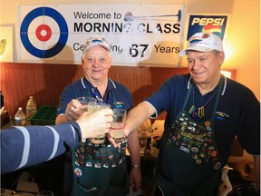 Fred Coulson, left and Sam Barbisan, right toast their glasses with Wally Bulmer at a Brier "morning class" at the Westin Hotel on Thursday morning. The 67-year Brier tradition is a social event involving a few drinks and some challenging games. (