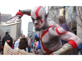 File: Tyler Breland came dressed as Kratos a character from the video game God Of War series during last year's Parade of Wonders in Calgary for the start of the Calgary Comic and Entertainment Expo.