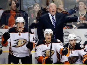 Bruce Boudreau behind the bench of the Anaheim Ducks.