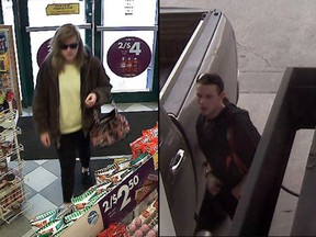 Calgary police released these surveillance camera images of a man and woman wanted in connection with a series of minor crimes, all involving a stolen truck.