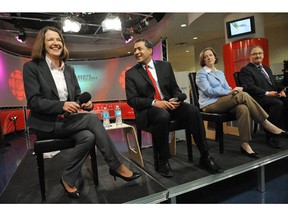 All four leaders from the 2012 provincial election - Danielle Smith (left),  Raj Sherman, Alison Redford, and Brian Mason, no longer lead their parties, one year after Redford stepped down as premier.