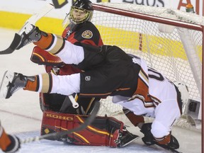 Anaheim Ducks' Corey Perry takes a dive into Calgary Flames net during game action at the Saddledome in Calgary, on February 20, 2015.