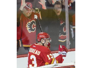 Calgary Flames Johnny Gaudreau celebrates his second goal of the game against Philadelphia Flyers during NHL action at the Saddledome in Calgary, on March 19, 2015.