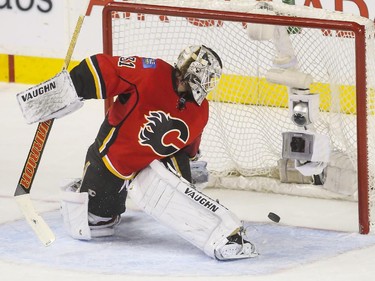 Calgary Flames goalie Karri Ramo couldn't keep the puck out of the net during the shootout against the Dallas Stars at the Saddledome in Calgary, on March 25, 2015.