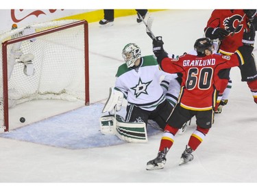 Calgary Flames Markus Granlund celebrates after Deryk Engelland scores his second goal his Flames career and his second goal of the game, to tie it up a second time against the Dallas Stars at the  Saddledome in Calgary, on March 25, 2015.