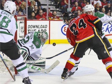 Calgary Flames Jiri Hudler, tries to knock one in on Dallas Stars Kari Lehtonen during game action at the Saddledome in Calgary, on March 25, 2015.