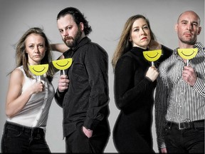 he cast of the Calgary production of Reasons to be Happy: Julie Orton, Nate Prochnau, Jamie Konchak and Patrick MacEachern.