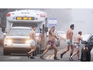 In bone chilling raw foggy weather, 72 participants stripped down to just their underwear and did a six block walk as part of the espy experience annual Prostate Cancer Centre Fundraiser in Inglewood on March 21, 2015. The guys make a $250 donation and are styled in over $750 worth of clothes from espy.