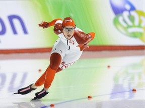 Ottawa's Ivanie Blondin skates in the women's 500m during the ISU World Allround Speed Skating Championships at Calgary's Olympic Oval on Saturday. After finishing fifth in the 5,000m on Sunday, she finished sixth overall.