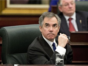 Alberta Premier Jim Prentice looks to the gallery during the the 2015 budget in Edmonton on Thursday, March 26, 2015.