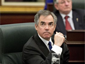 Alberta Premier Jim Prentice looks to the gallery during the the 2015 budget in Edmonton on March 26, 2015.