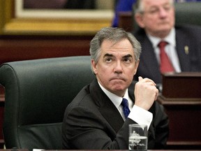 Alberta Premier Jim Prentice looks to the gallery during the the 2015 budget in Edmonton on March 26.