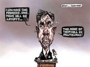 John Larter editorial cartoon showing Premier Prentice on budget day saying there will be layoffs, but none of them will be politicians, for Calgary Herald edition of Friday, March 27, 2015.