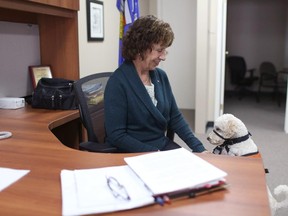 Wildrose Leader Heather Forsyth with her service dog Quill, photographed recently at her Calgary constituency office.