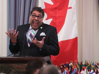 Mayor Naheed Nenshi speaks to members of the Rotary Club at the Fairmont Paliser in Calgary on March 14, 2015.