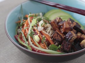 Slivered Veggie and Soba Salad with Mapled Tofu made from a recipe in Sara Forte's new book, Bowl and Spoon.