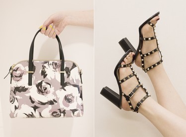 Left: Graphic prints and florals come together in this feminine handbag by Kate Spade New York, $298 at Nordstrom. Right: Step into spring with studded sandals for an edgy, on-trend look. Sandals by Valentino, $1,045 at Nordstrom.